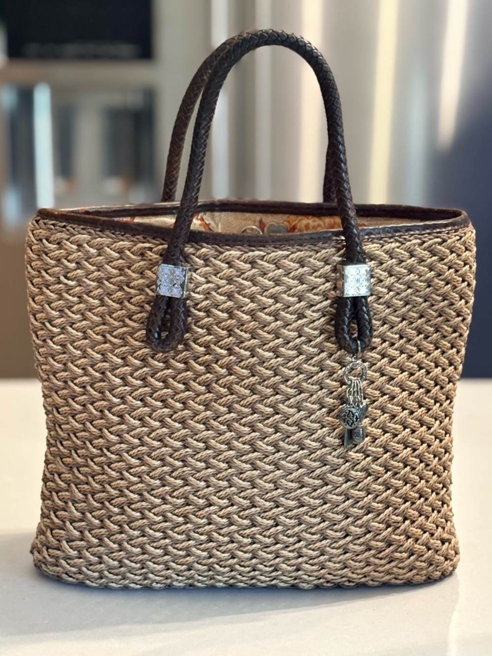Brighton Woven Straw Tote Bag with Dark Brown Leather Handles